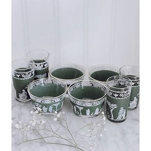 Jeanette Hellenic Jasperware Set of 8 Wedgewood Glasses & Bowls Barware Grecian